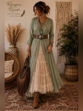 🌿 CQOOD Sage Green Long  split maxi tunic Duster layering piece | Size Large 🌿